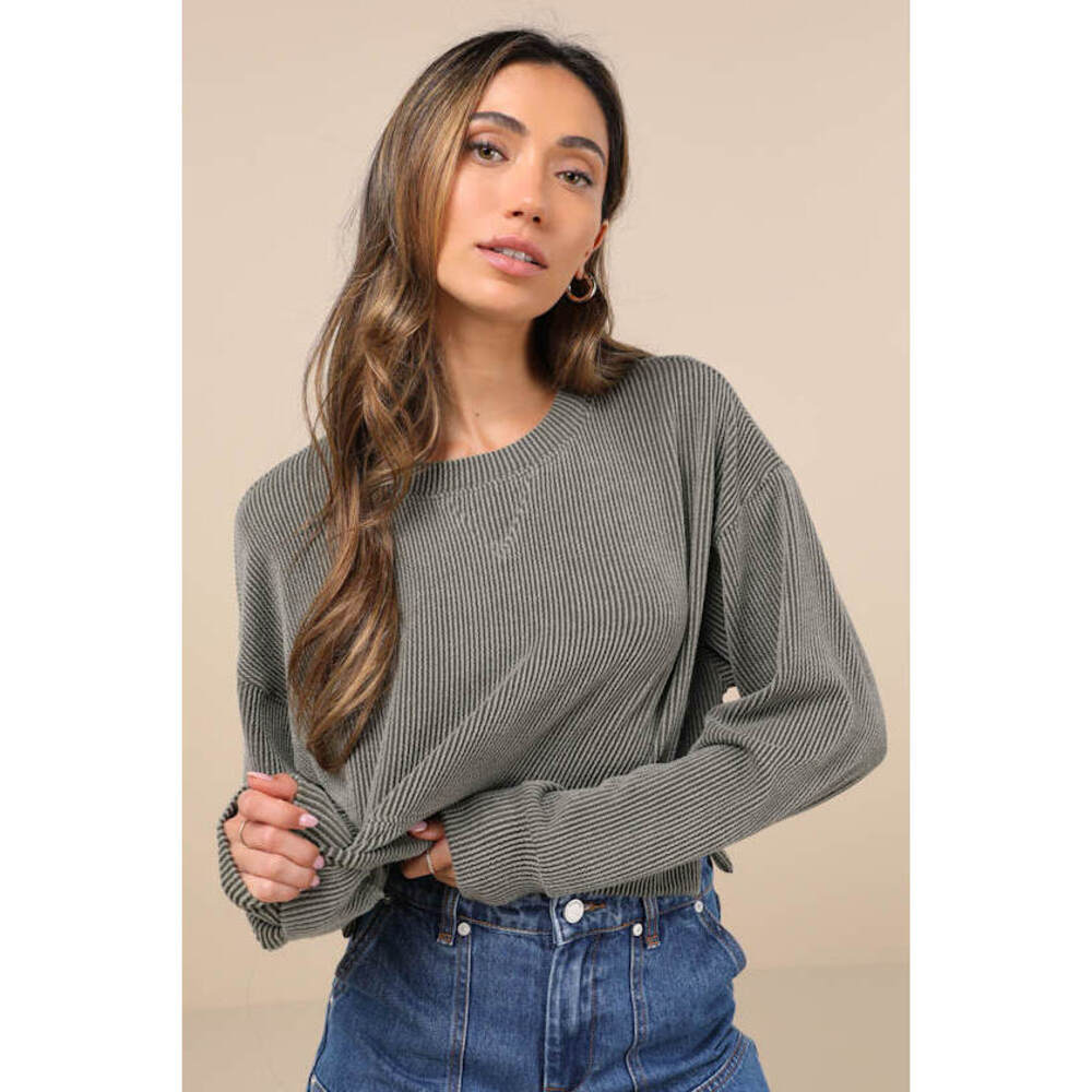 NWOT Lulus Olive Ribbed Long Sleeve Crop Top Size Large Boho Casual Sweater